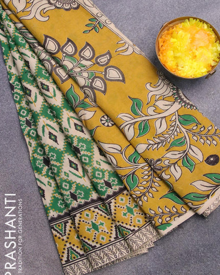 Kalamkari semi silk saree green and yellow with allover ikat prints and printed border - {{ collection.title }} by Prashanti Sarees