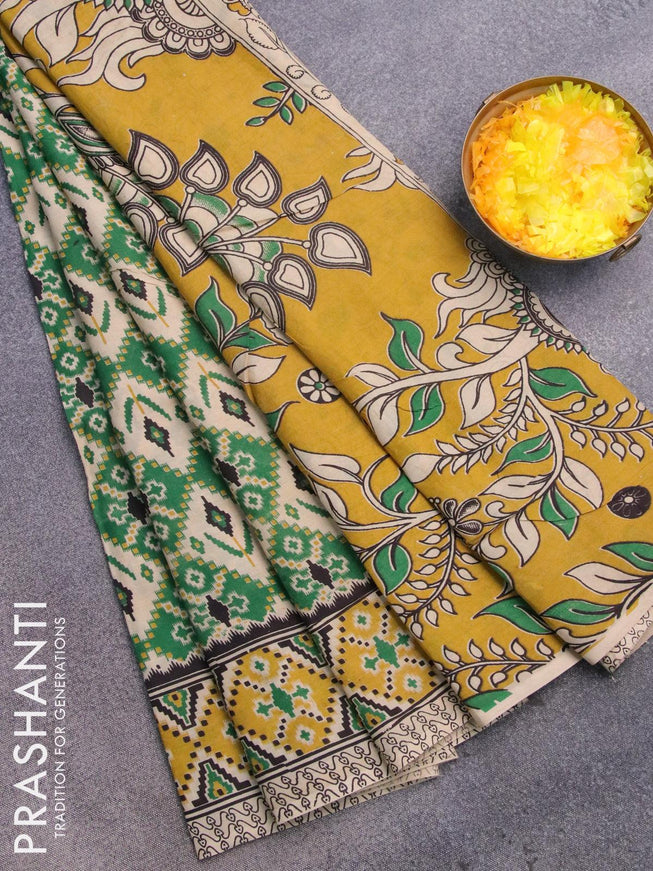 Kalamkari semi silk saree green and yellow with allover ikat prints and printed border - {{ collection.title }} by Prashanti Sarees