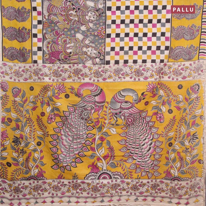 Kalamkari semi silk saree grey and yellow with allover prints and printed border - {{ collection.title }} by Prashanti Sarees