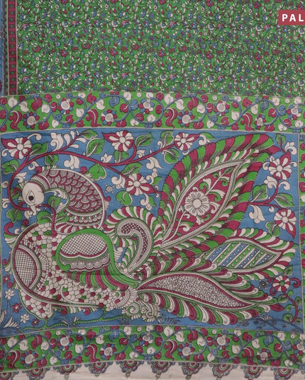 Kalamkari semi silk saree light green and blue with allover prints and printed border - {{ collection.title }} by Prashanti Sarees