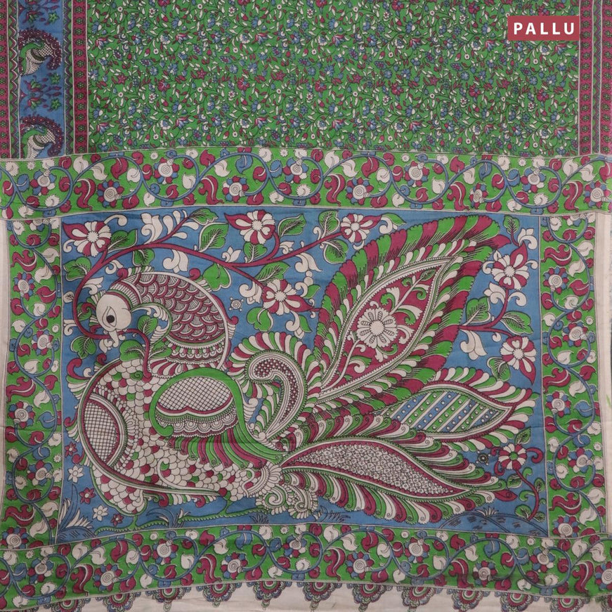 Kalamkari semi silk saree light green and blue with allover prints and printed border - {{ collection.title }} by Prashanti Sarees