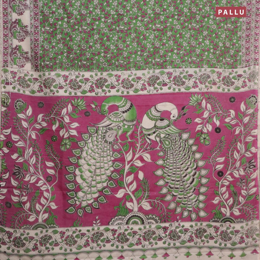 Kalamkari semi silk saree light green and magenta pink with allover prints and printed border - {{ collection.title }} by Prashanti Sarees