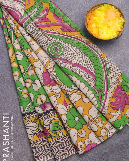 Kalamkari semi silk saree light green and yellow with allover prints and printed border - {{ collection.title }} by Prashanti Sarees