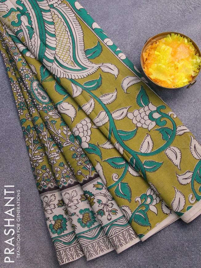Kalamkari semi silk saree mehendi green and beige with allover paisley prints and printed border - {{ collection.title }} by Prashanti Sarees