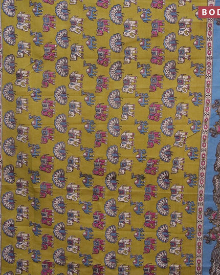 Kalamkari semi silk saree mehendi green and blue shade with allover butta prints and printed border - {{ collection.title }} by Prashanti Sarees