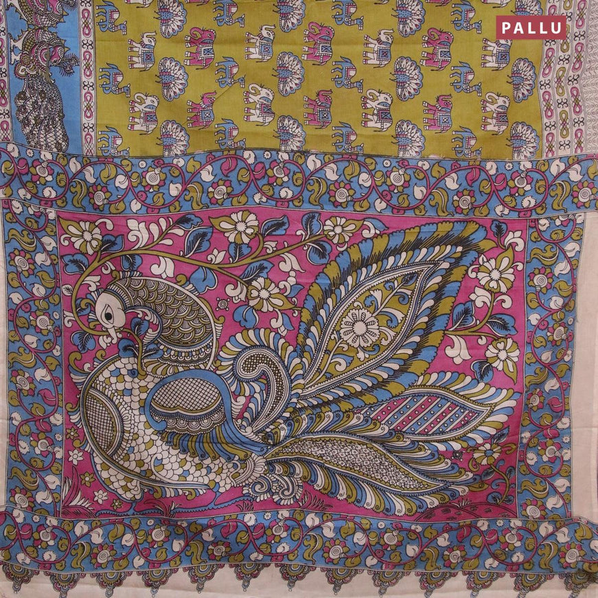 Kalamkari semi silk saree mehendi green and blue shade with allover butta prints and printed border - {{ collection.title }} by Prashanti Sarees