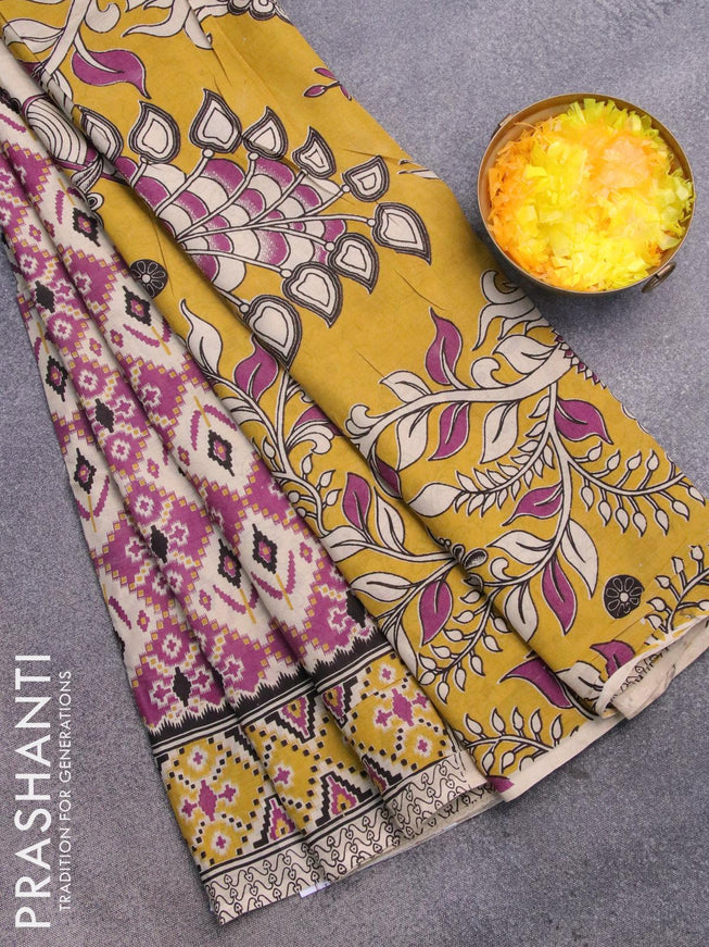 Kalamkari semi silk saree purple and yellow with allover ikat prints and printed border - {{ collection.title }} by Prashanti Sarees