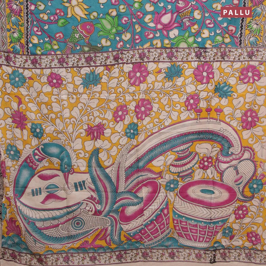 Kalamkari semi silk saree teal blue and yellow with allover prints and printed border - {{ collection.title }} by Prashanti Sarees