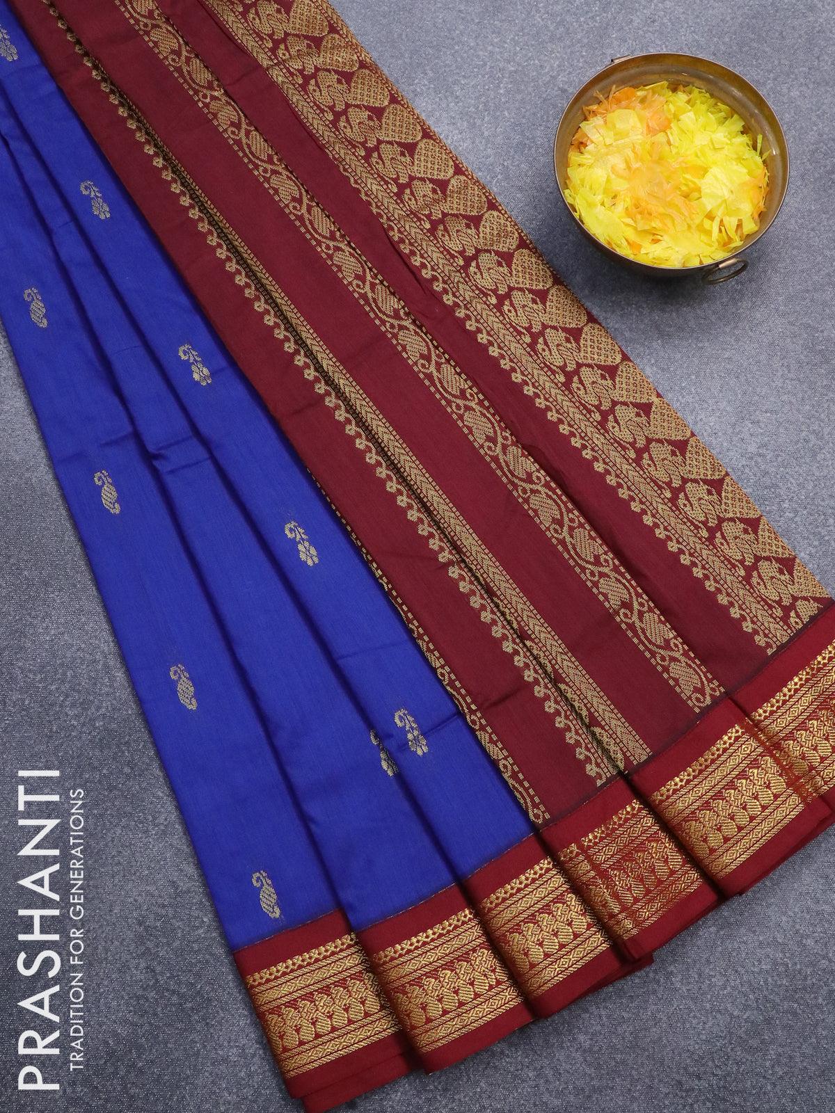 Kalyani cotton saree blue and maroon with zari woven floral buttas and –  Prashanti Sarees