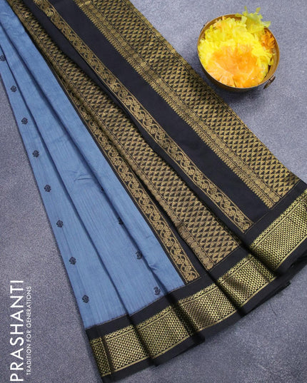 Kalyani cotton saree bluish grey and black with thread woven buttas and zari woven border - {{ collection.title }} by Prashanti Sarees