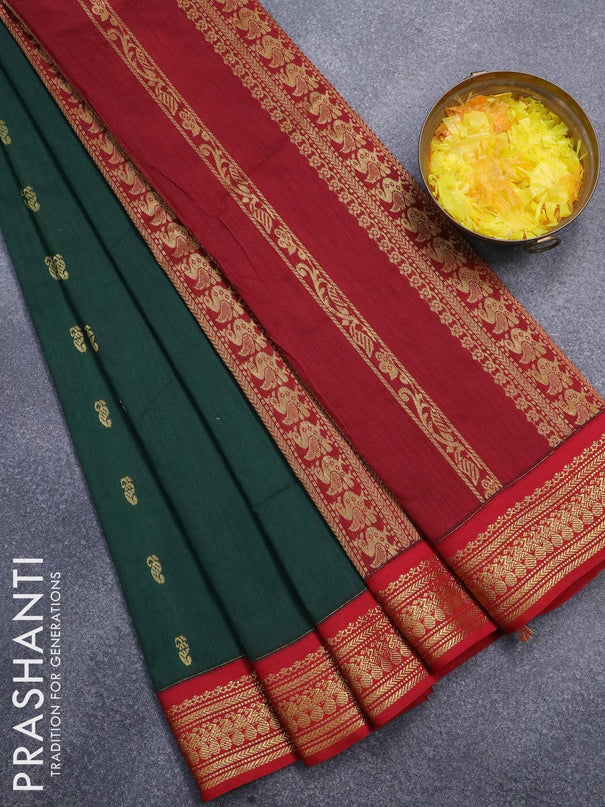 Kalyani cotton saree dark green and red with zari woven buttas and zari woven border - {{ collection.title }} by Prashanti Sarees