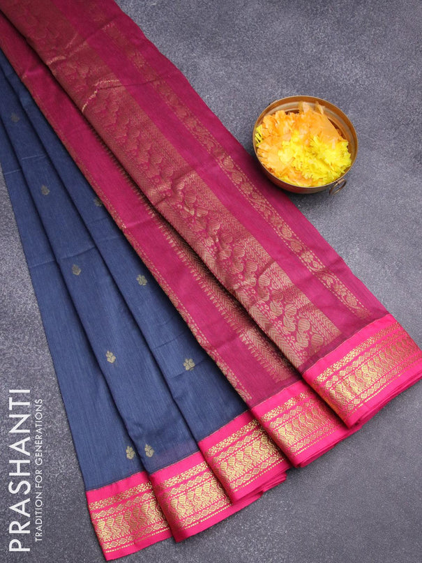 Kalyani cotton saree dark grey and pink with zari woven buttas and zari woven border - {{ collection.title }} by Prashanti Sarees