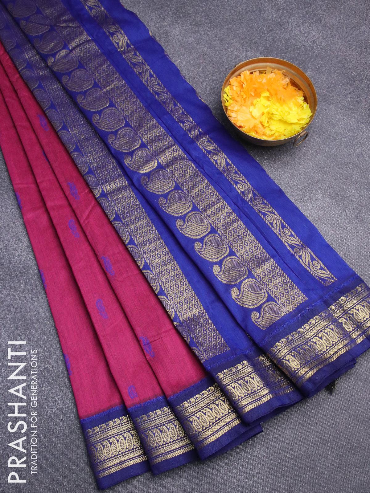https://www.prashantisarees.com/cdn/shop/files/kalyani-cotton-saree-magenta-pink-and-blue-with-thread-woven-buttas-and-zari-woven-border-prashanti-sarees-1.jpg?v=1708655966