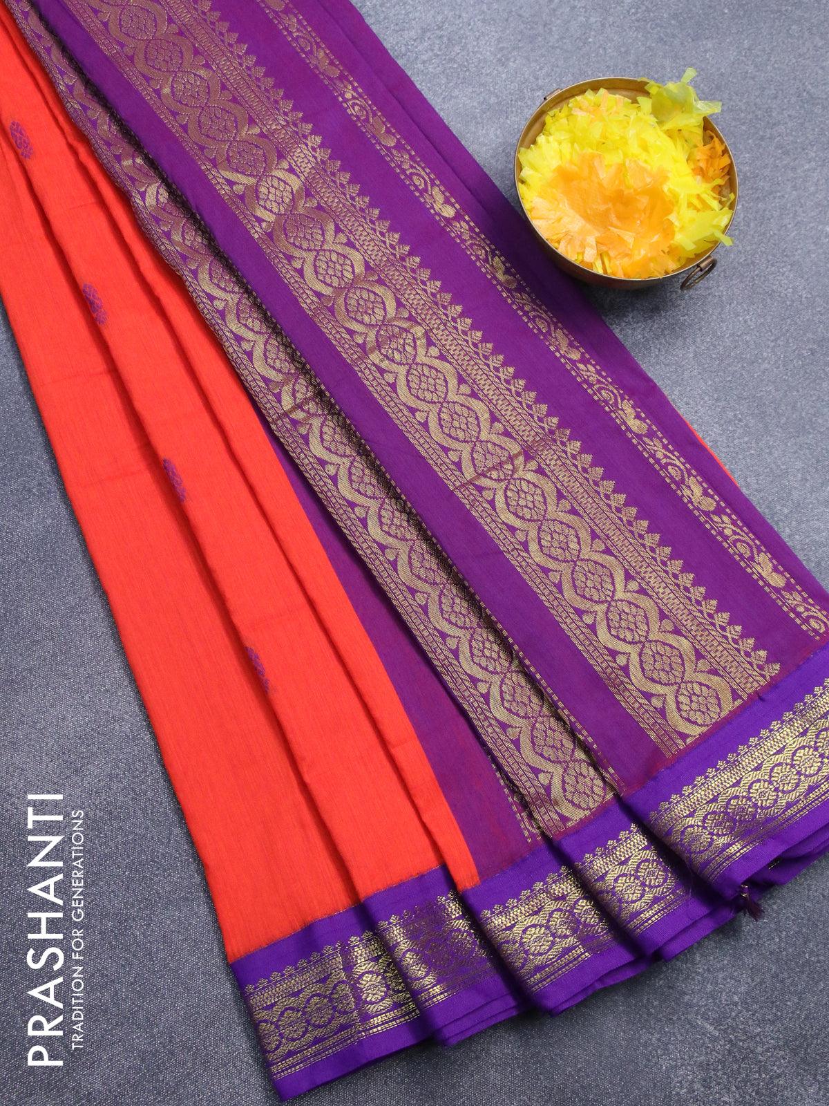 Kalyani cotton saree orange and violet with thread woven buttas