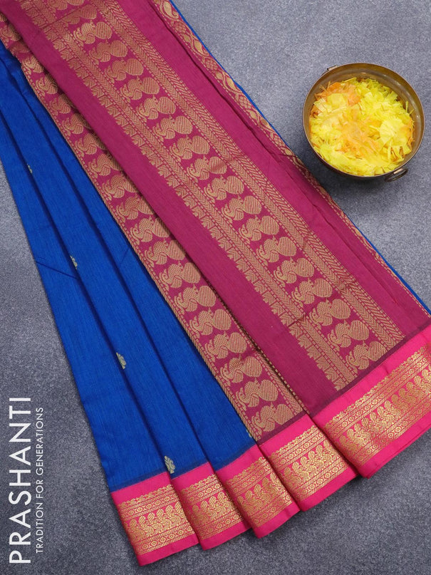 Kalyani cotton saree peacock blue and pink with zari woven buttas and zari woven border - {{ collection.title }} by Prashanti Sarees