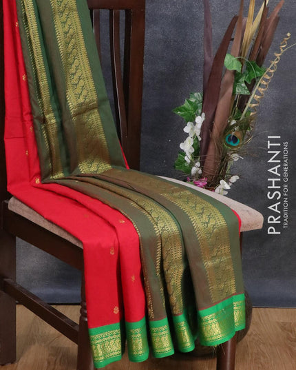 Kalyani cotton saree red and green with zari woven buttas and zari woven border - {{ collection.title }} by Prashanti Sarees