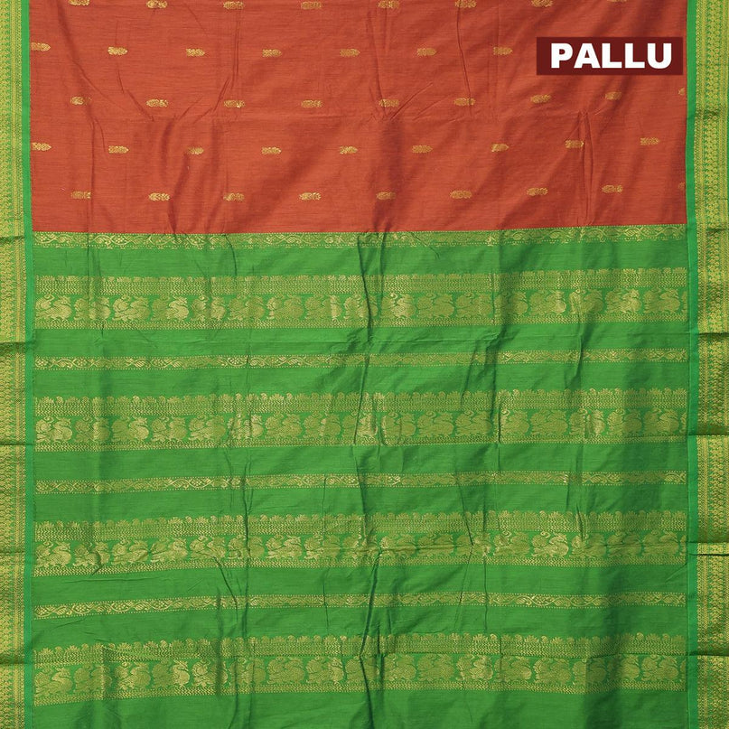 Kalyani cotton saree rustic orange and green with zari woven buttas and zari woven border - {{ collection.title }} by Prashanti Sarees