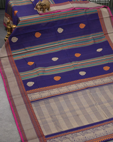 Kanchi cotton saree dark blue and magenta pink with allover thread weaves and thread woven border - {{ collection.title }} by Prashanti Sarees