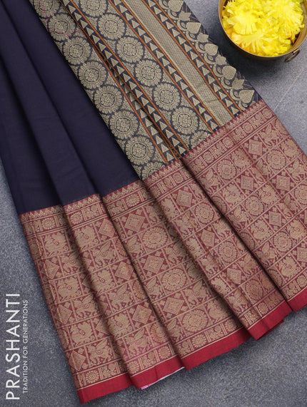 Kanchi cotton saree dark blue with plain body and ganga jamuna border - {{ collection.title }} by Prashanti Sarees