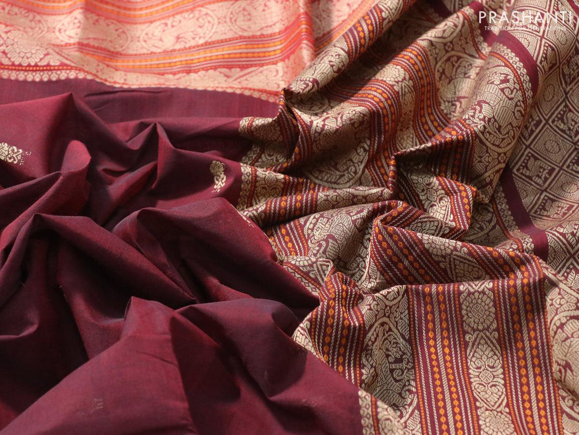 Kanchi cotton saree deep maroon and maroon with thread woven buttas and long thread woven border - {{ collection.title }} by Prashanti Sarees