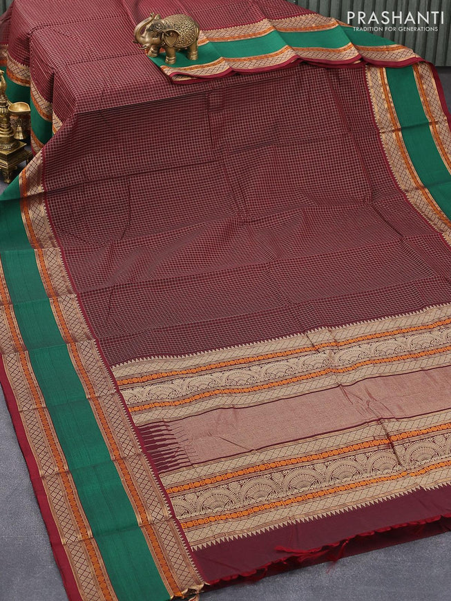 Kanchi cotton saree deep maroon with allover small checked pattern and rettapet thread woven border - {{ collection.title }} by Prashanti Sarees