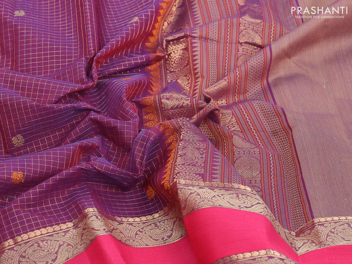 Kanchi cotton saree dual shade of blusih maroon and pink with allover small zari checked pattern and rettapet thread woven border - {{ collection.title }} by Prashanti Sarees