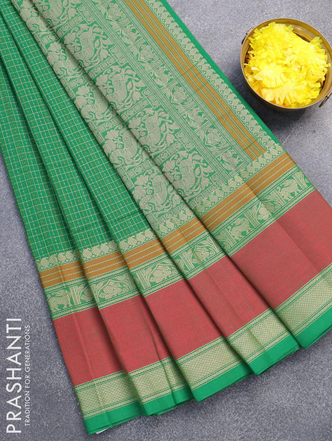 Kanchi cotton saree green and maroon with allover small checked pattern and rettapet thread woven border - {{ collection.title }} by Prashanti Sarees