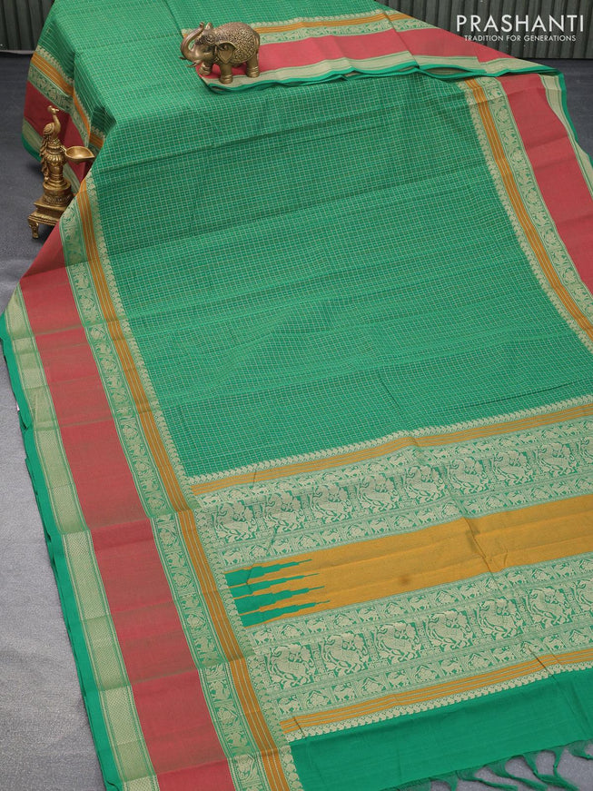 Kanchi cotton saree green and maroon with allover small checked pattern and rettapet thread woven border - {{ collection.title }} by Prashanti Sarees