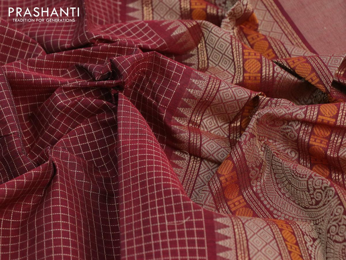Kanchi cotton saree maroon and black with allover small checked pattern and rettapet thread woven border - {{ collection.title }} by Prashanti Sarees