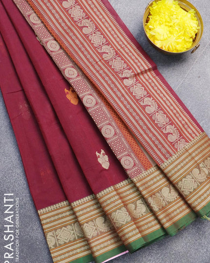 Kanchi cotton saree maroon and green with thread woven buttas and thread woven border - {{ collection.title }} by Prashanti Sarees