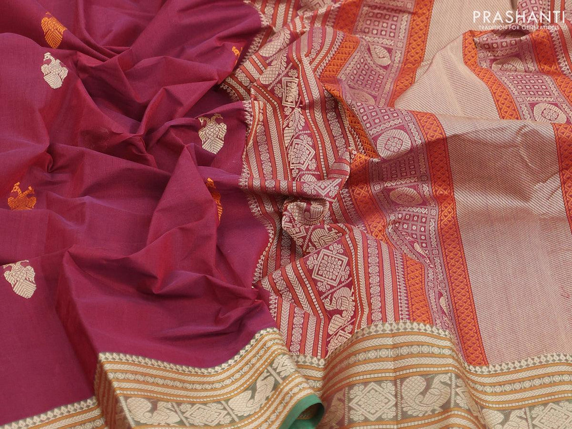 Kanchi cotton saree maroon and green with thread woven buttas and thread woven border - {{ collection.title }} by Prashanti Sarees