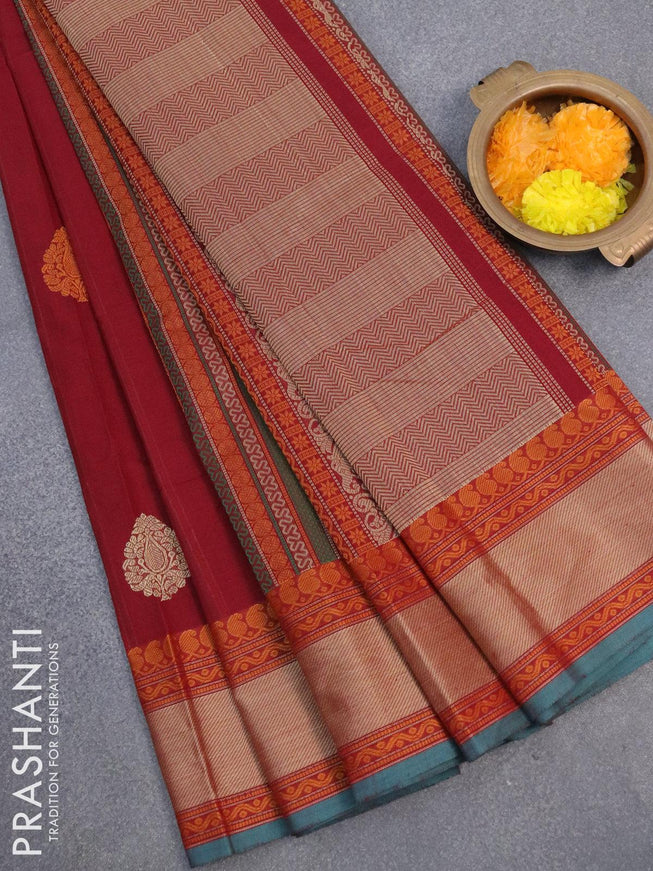 Kanchi cotton saree maroon and peacock green with thread woven buttas and thread woven border - {{ collection.title }} by Prashanti Sarees