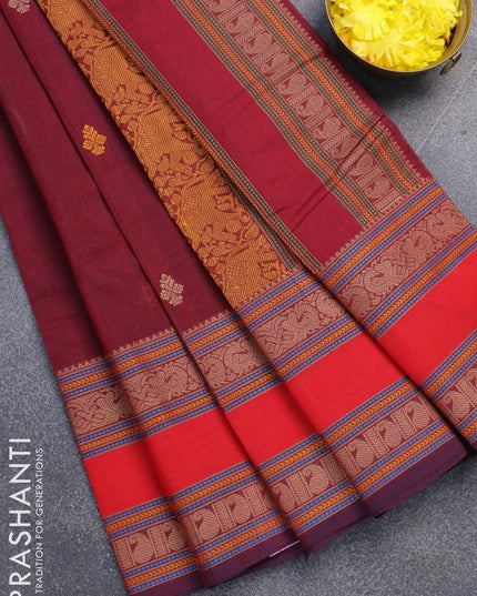 Kanchi cotton saree maroon and red with thread woven buttas and rettapet thread woven border - {{ collection.title }} by Prashanti Sarees