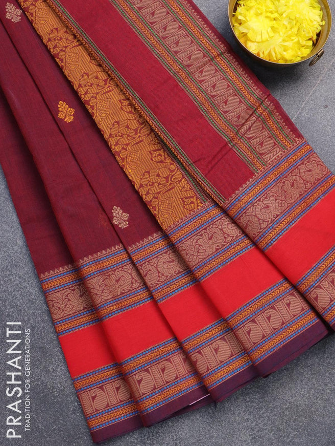 Kanchi cotton saree maroon and red with thread woven buttas and rettapet thread woven border - {{ collection.title }} by Prashanti Sarees