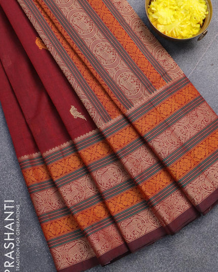 Kanchi cotton saree maroon with thread woven buttas and long thread woven border - {{ collection.title }} by Prashanti Sarees