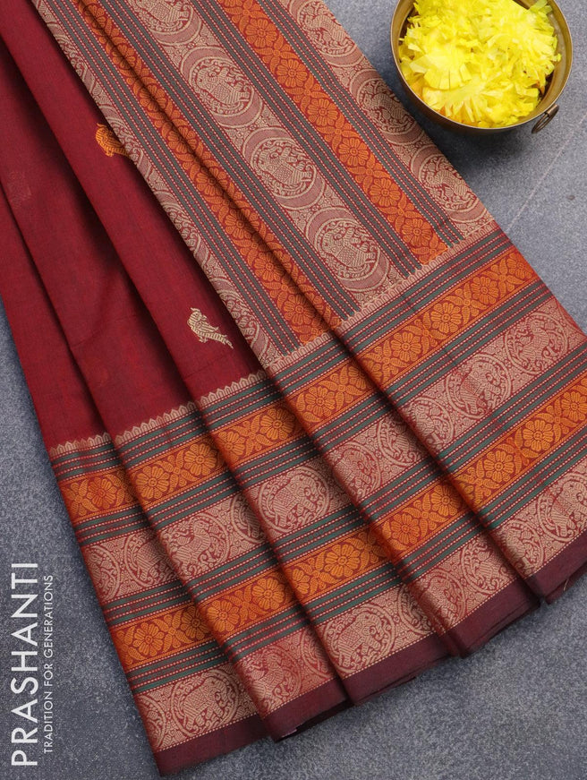 Kanchi cotton saree maroon with thread woven buttas and long thread woven border - {{ collection.title }} by Prashanti Sarees