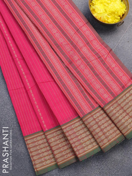Kanchi cotton saree pink and green with allover thread weaves and thread woven border - {{ collection.title }} by Prashanti Sarees