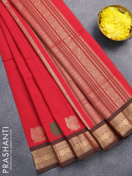 Kanchi cotton saree red and dual shade of green with thread woven buttas and zari woven border - {{ collection.title }} by Prashanti Sarees