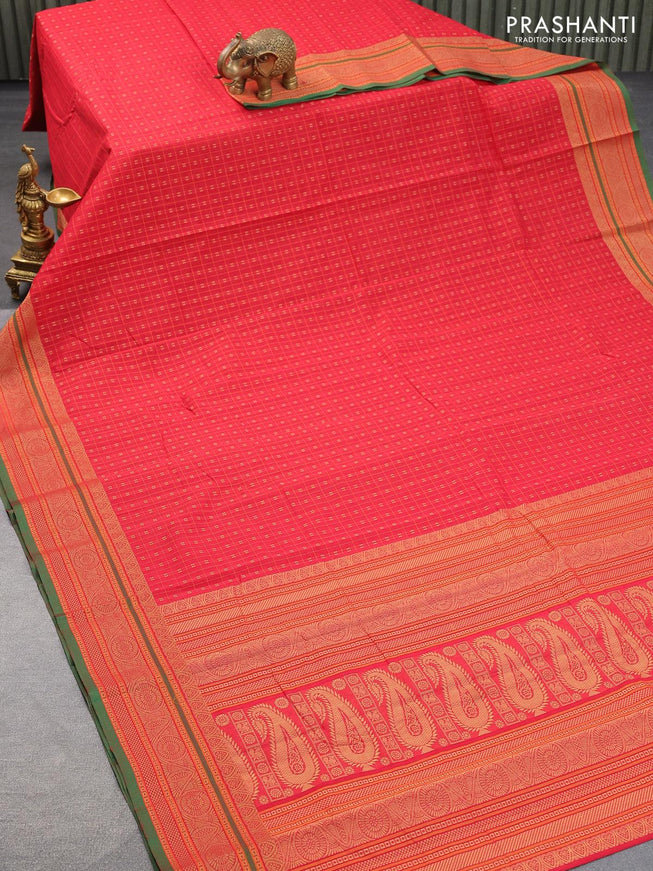 Kanchi cotton saree red and green with allover thread checks & buttas and thread woven border - {{ collection.title }} by Prashanti Sarees