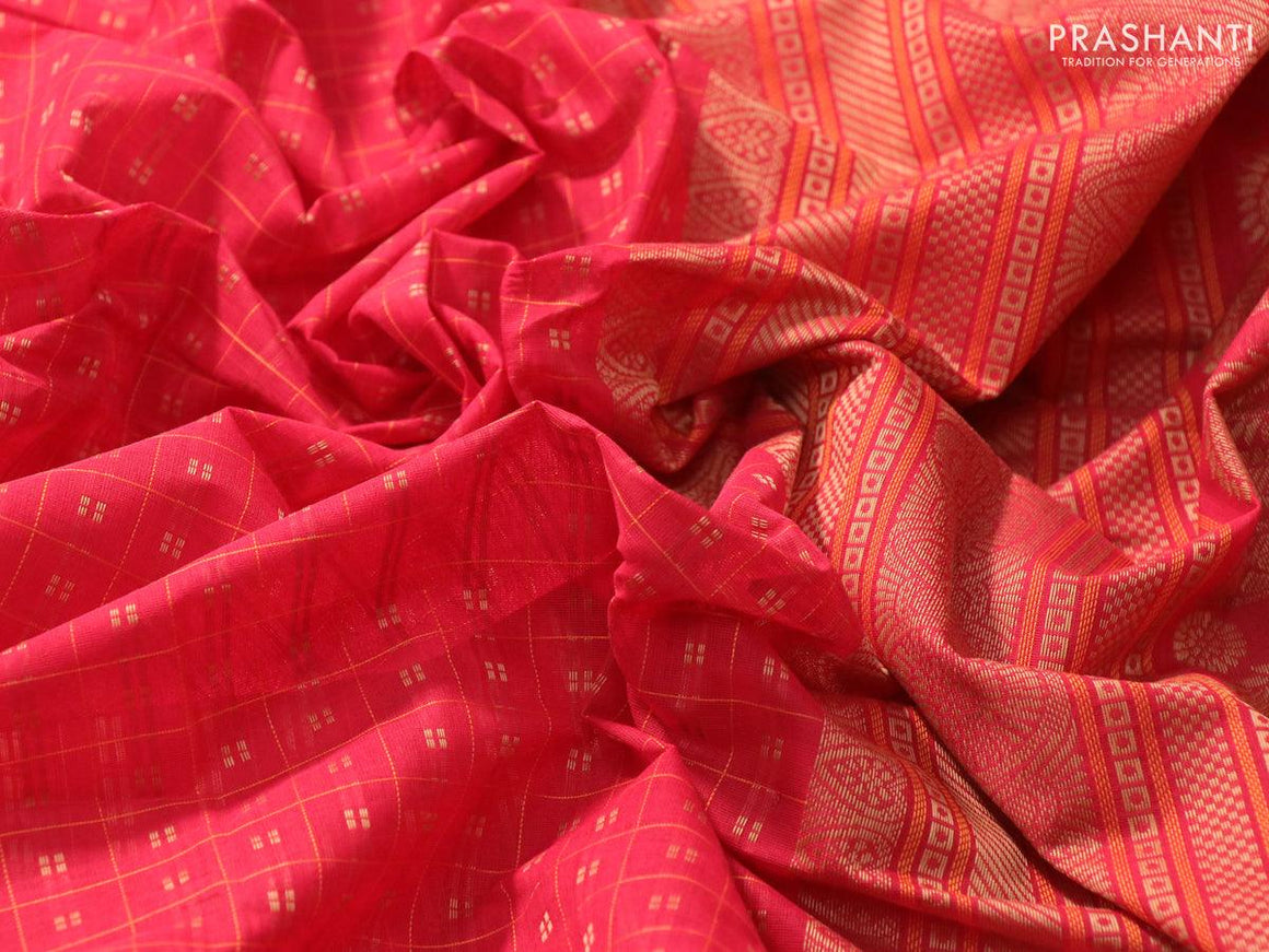 Kanchi cotton saree red and green with allover thread checks & buttas and thread woven border - {{ collection.title }} by Prashanti Sarees