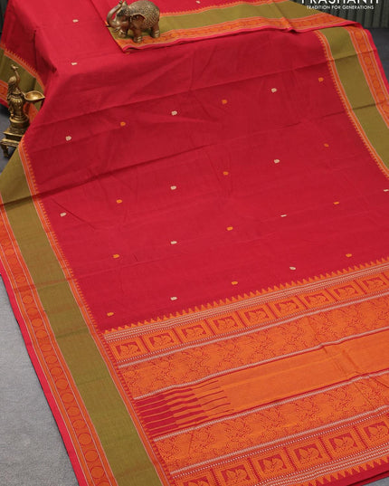 Kanchi cotton saree red and green with thread woven buttas and rettapet thread woven border - {{ collection.title }} by Prashanti Sarees