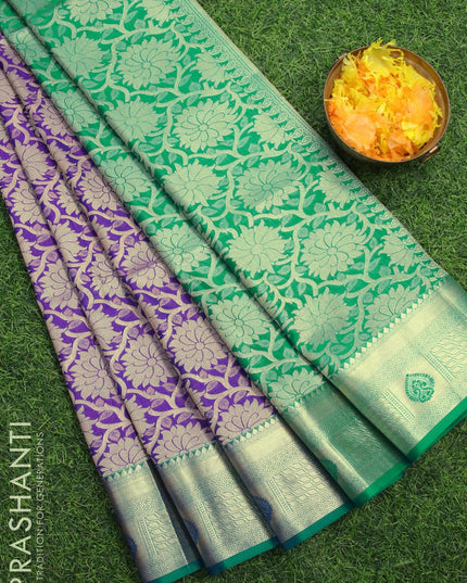 Kanjivaram semi soft silk saree purple and teal green with allover zari woven brocade weaves and zari woven border - {{ collection.title }} by Prashanti Sarees