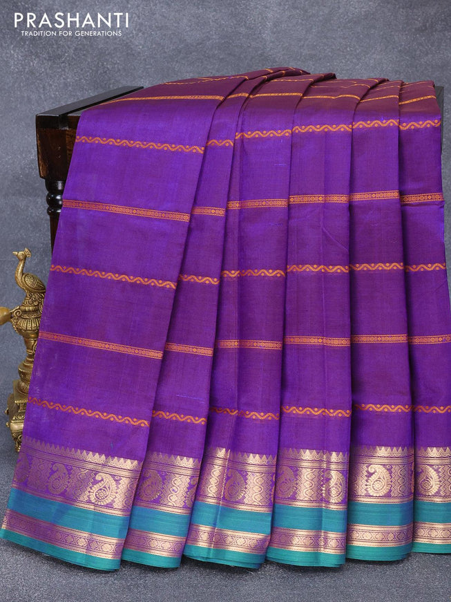 Kanjivaram silk cotton saree dual shade of blue and green with allover thread weaves and paisley zari woven border - {{ collection.title }} by Prashanti Sarees