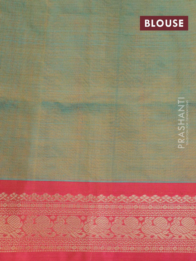 Kanjivaram silk cotton saree dual shade of yellowish blue and pink with allover thread checks & buttas and annam zari woven border - {{ collection.title }} by Prashanti Sarees