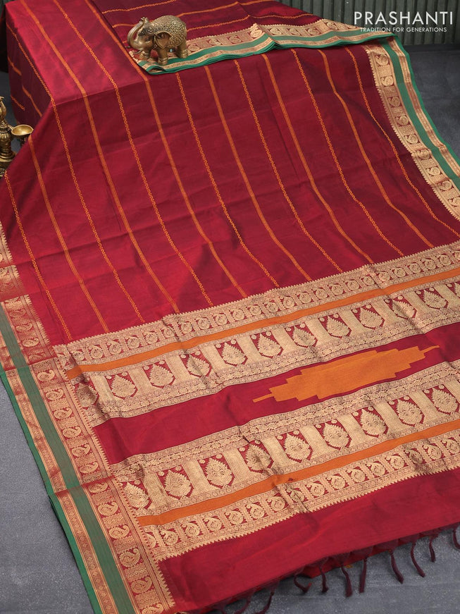 Kanjivaram silk cotton saree maroon and green with allover thread weaves and paisley design zari woven border - {{ collection.title }} by Prashanti Sarees