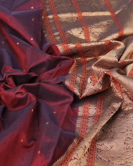 Kanjivaram silk cotton saree maroon and green with thread & zari woven buttas and rudhraksha zari woven border - {{ collection.title }} by Prashanti Sarees