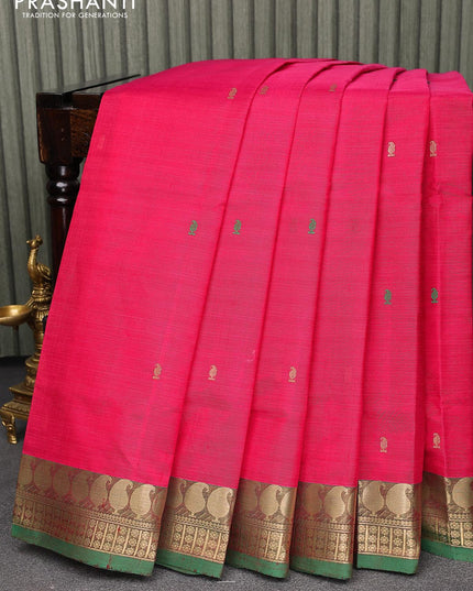Kanjivaram silk cotton saree pink and green with thread & zari woven paisley buttas and paisley thread woven border - {{ collection.title }} by Prashanti Sarees