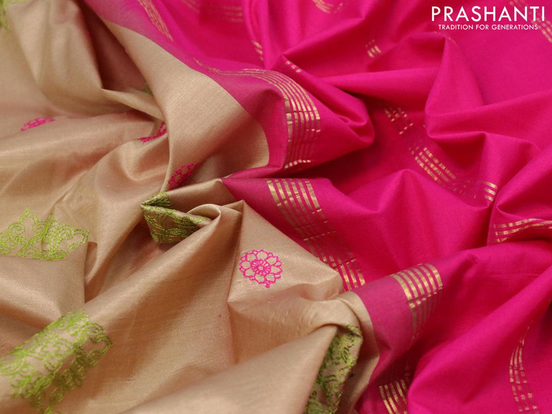 Kanjivaram silk saree beige and pink with allover embroidery kasuti work and temple design rettapet zari woven border - {{ collection.title }} by Prashanti Sarees