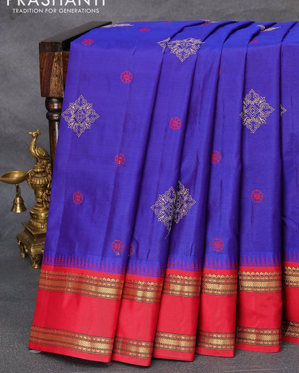 Kanjivaram silk saree blue and red with allover embroidery kasuti work and temple design rettapet zari woven border - {{ collection.title }} by Prashanti Sarees