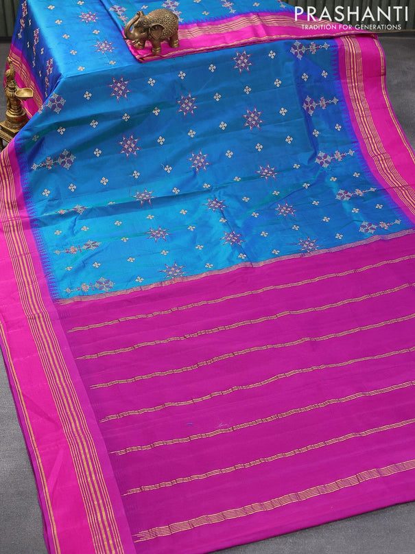 Kanjivaram silk saree dual shade of blue and purple with allover embroidery kasuti work and temple woven zari border - {{ collection.title }} by Prashanti Sarees